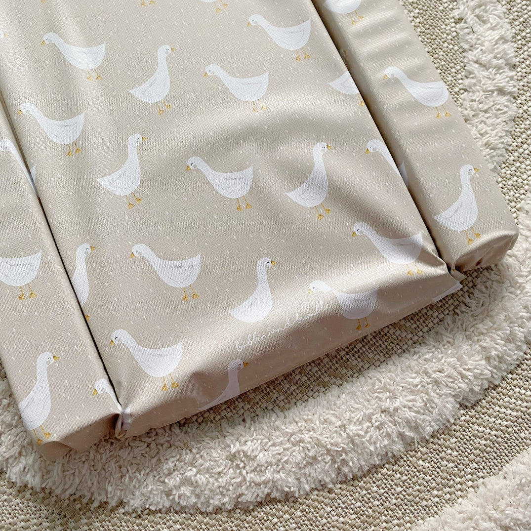 Deluxe Baby Changing Mat - White Goose Unisex Print | Bobbin and Bumble.