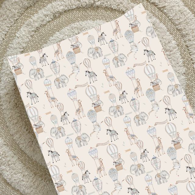 Anti-Roll Wedge Baby Changing Mat - Beige Hot Air Balloons Print | Bobbin and Bumble.