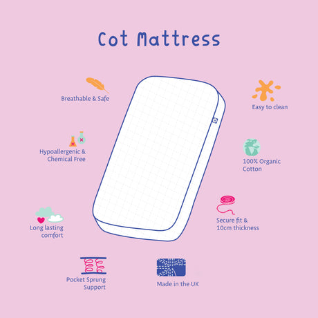 Cot Mattress – Pocket Sprung with Organic Cotton Cover (120 x 60 cm)