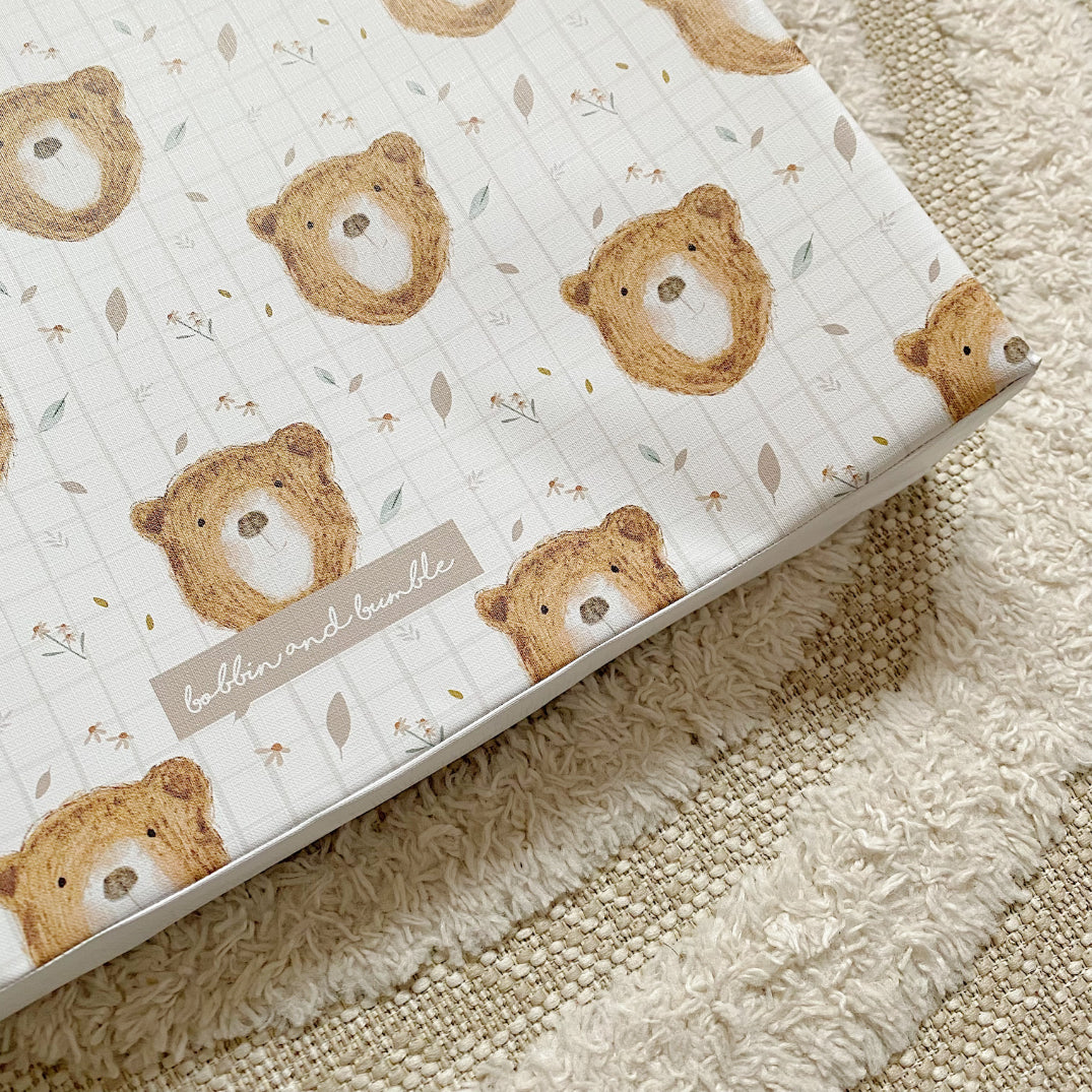 Anti-Roll Wedge Baby Changing Mat - Bru Bear Print | Bobbin and Bumble.