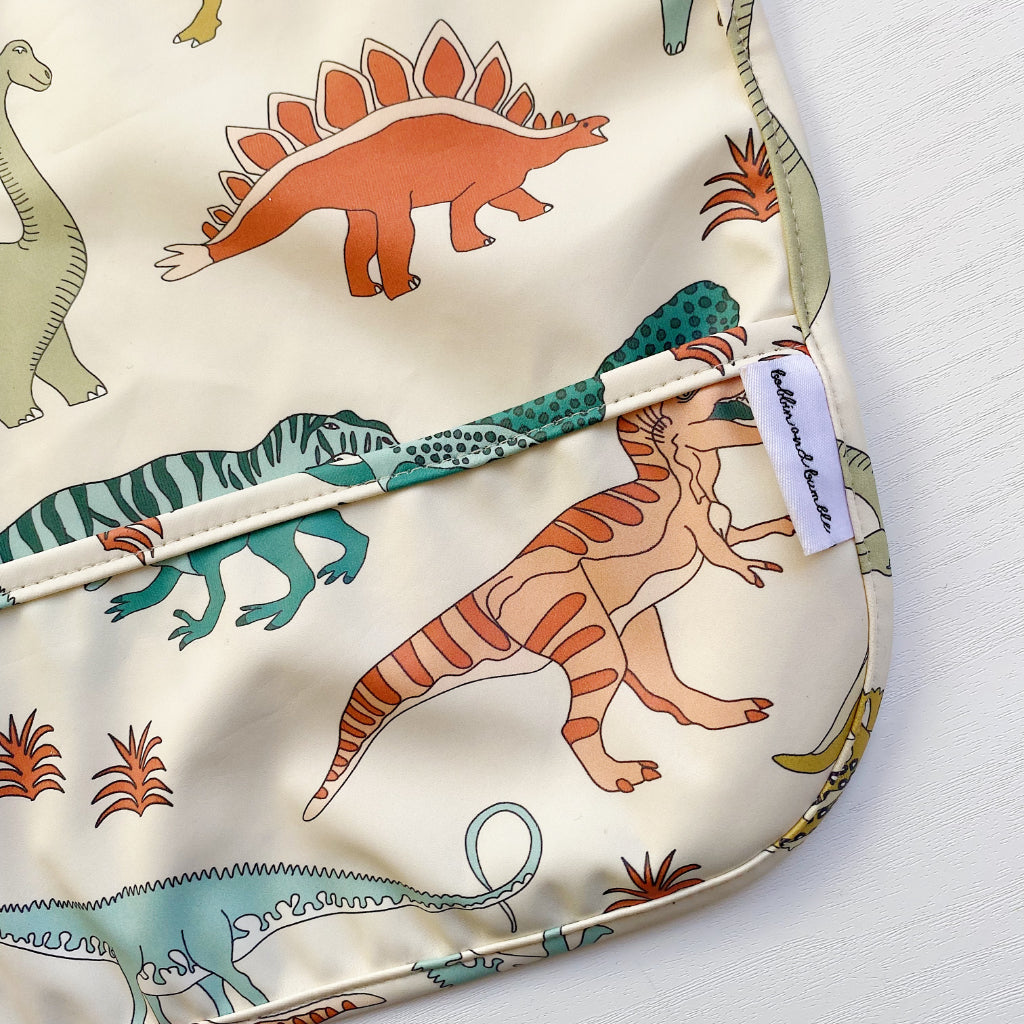 Long Sleeved Baby Bib - Dinosaur print | Bobbin and Bumble.