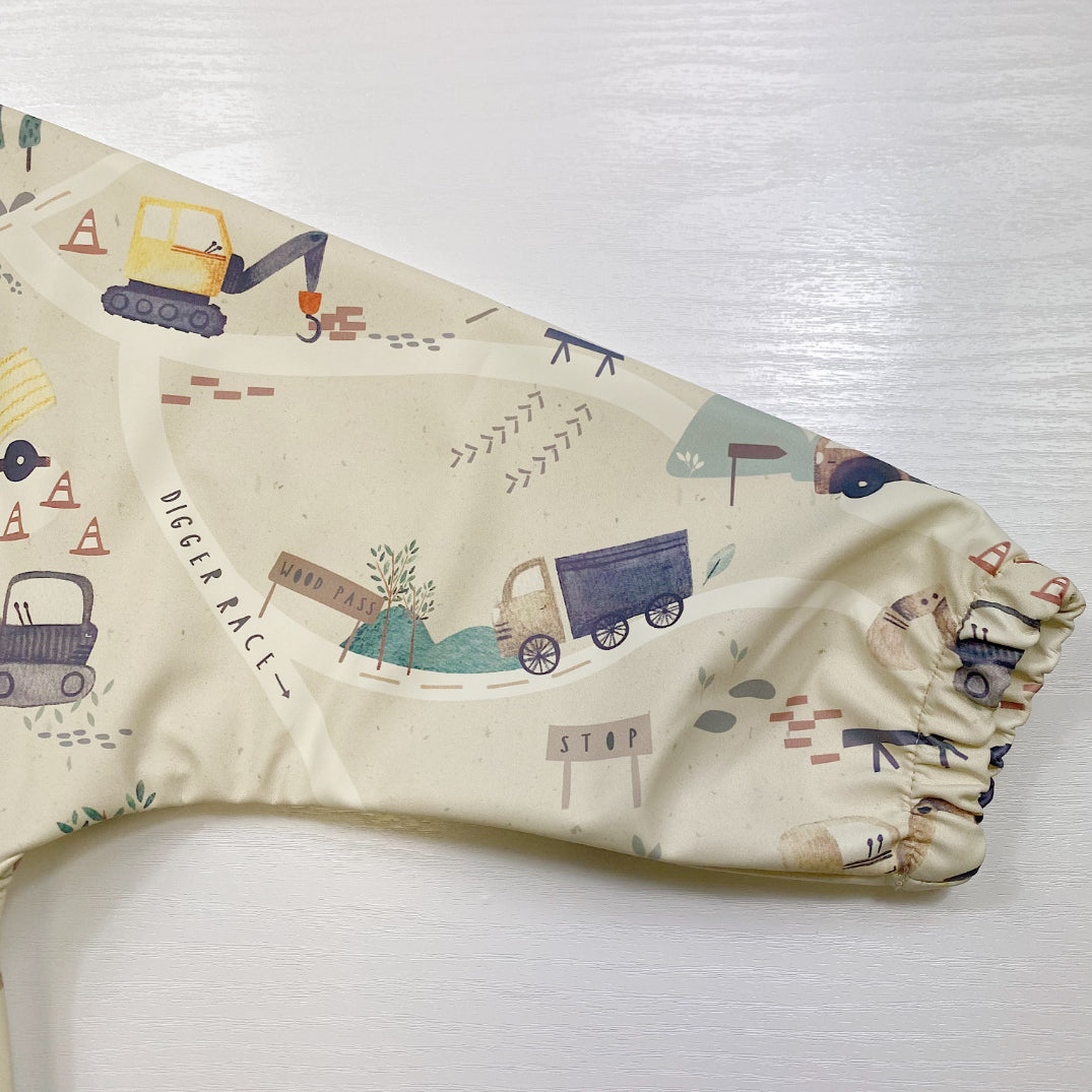 Long Sleeved Baby Bib - Digger Land Print | Bobbin and Bumble.