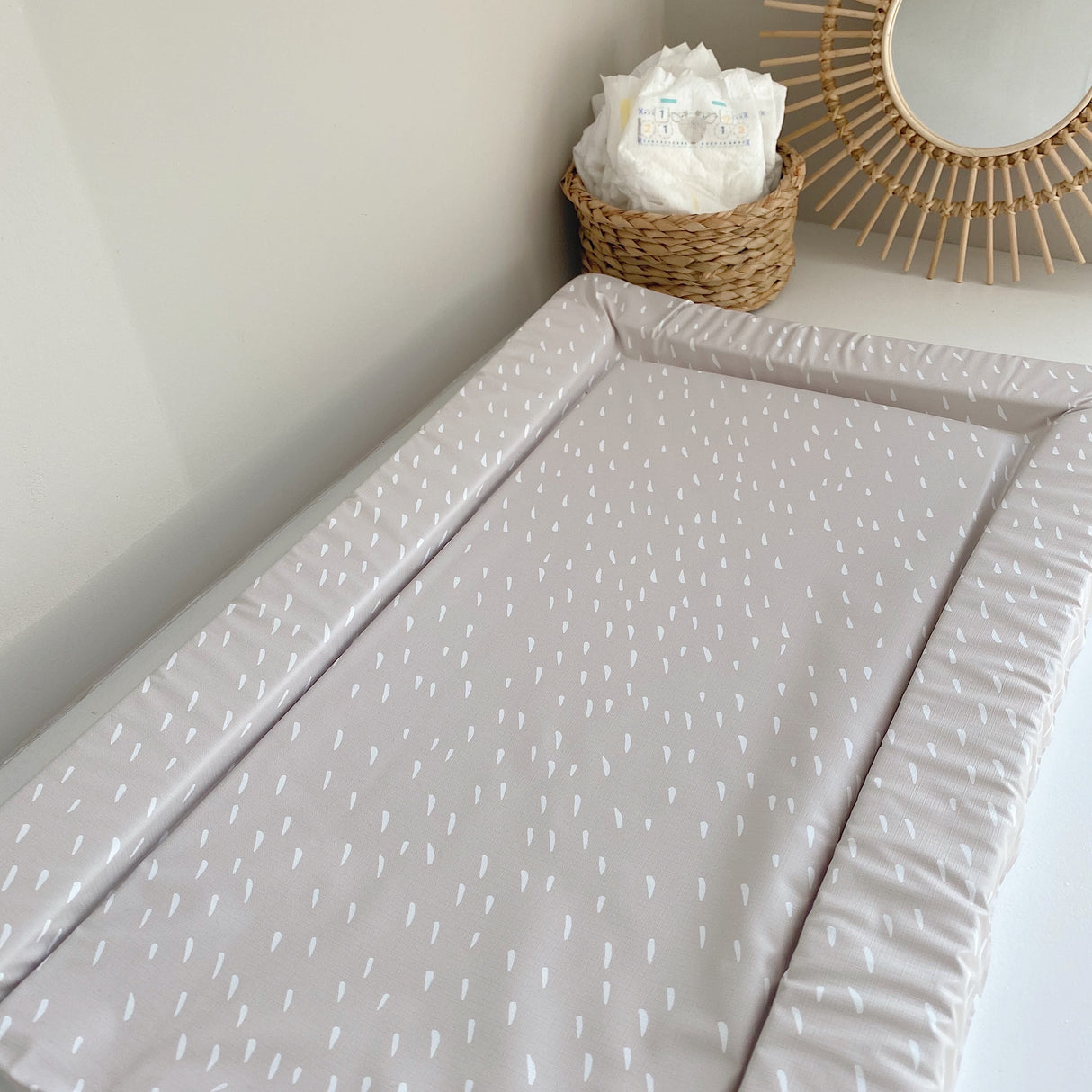 Deluxe Baby Changing Mat - Greige dash neutral Print | Bobbin and Bumble.