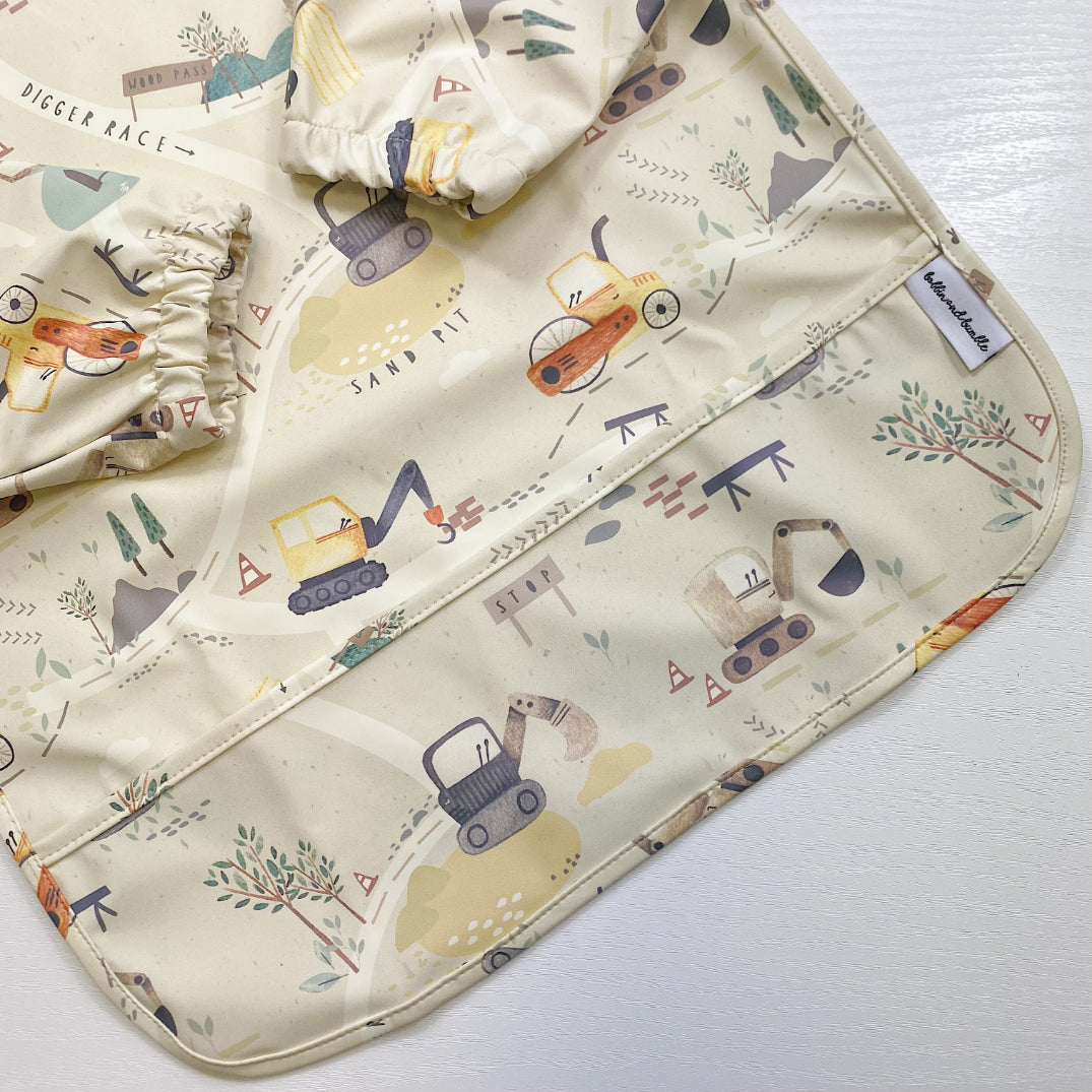 Long Sleeved Baby Bib - Digger Land Print | Bobbin and Bumble.