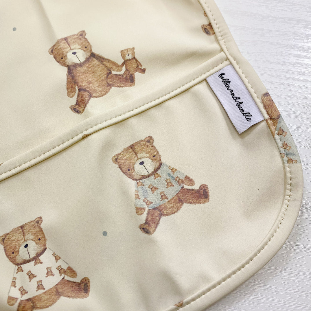 Long Sleeved Baby Bib - Teddy Bear Print | Bobbin and Bumble.