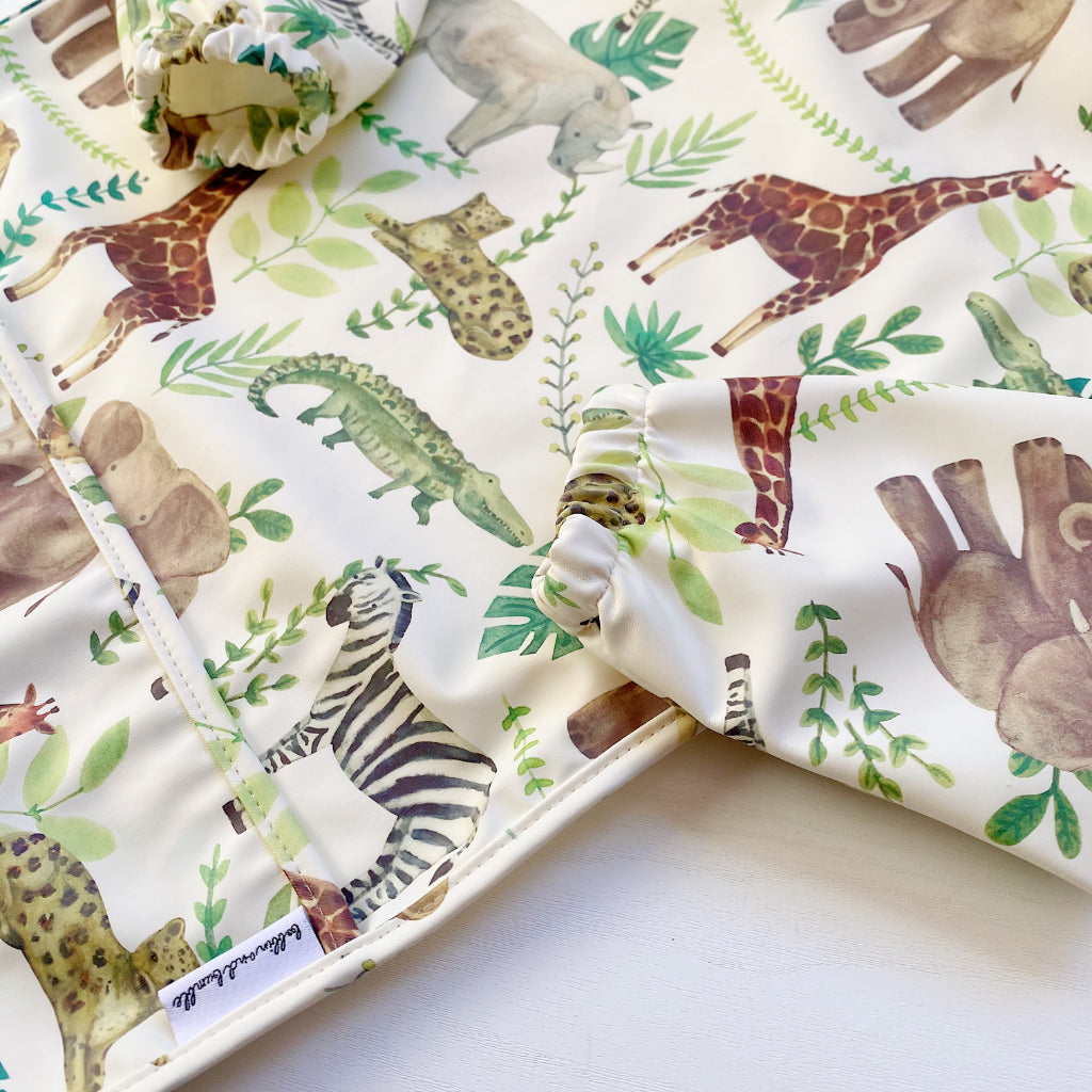 Long Sleeved Baby Bib - Safari Animals | Bobbin and Bumble.